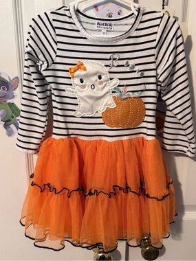 Blueberi Boulevard Black White Striped Ghost & Orange Tulle Halloween Dress